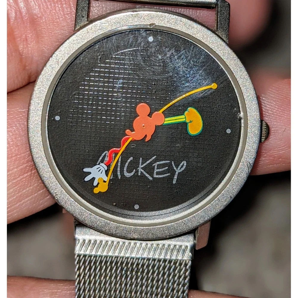 Disney Time Works‎ Mickey Mouse Watch Collectible Novelty Silver Mesh Band
